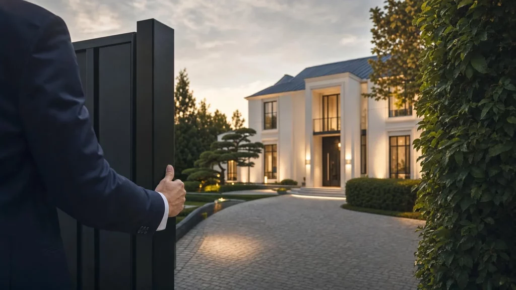 Eine Person im Anzug öffnet ein schwarzes Tor und gibt den Blick frei auf eine beleuchtete weiße Villa mit einer gepflasterten Einfahrt.