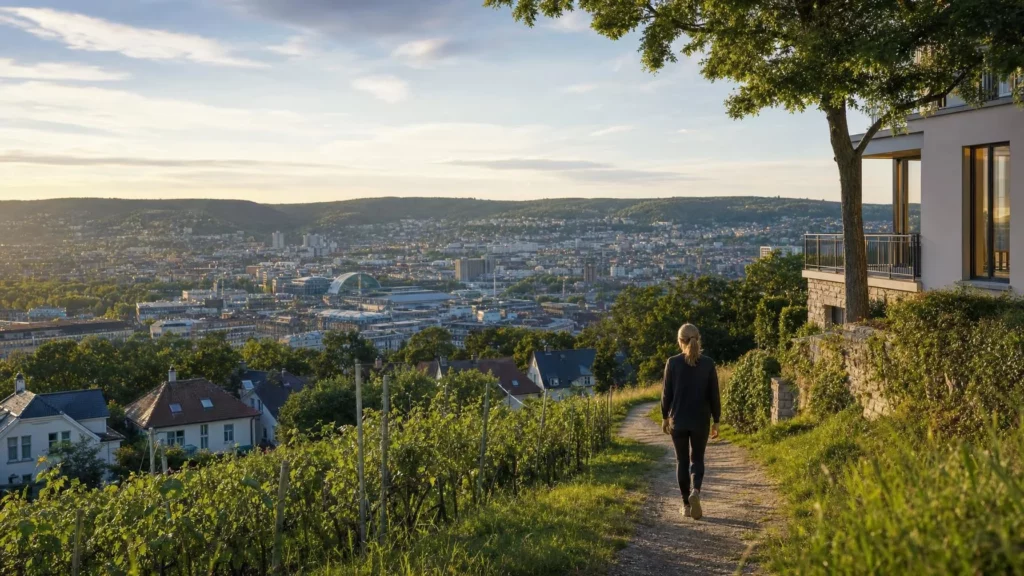 Eine Frau geht von hinten gesehen auf einem Feldweg an einem Weinberg vorbei, im Hintergrund liegt eine Stadt im Tal unter bewölktem Himmel.