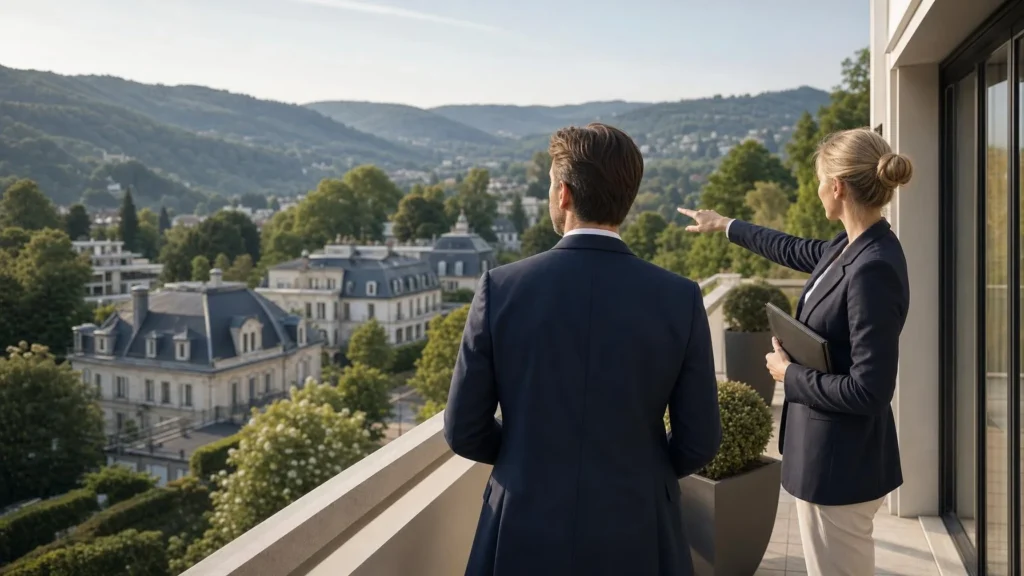 Eine Frau und ein Mann im Anzug stehen auf einem Balkon und blicken über eine Stadt in einer grünen Hügellandschaft; die Frau zeigt nach vorne.